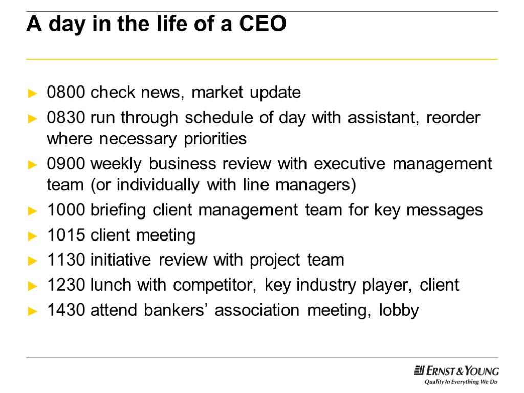 A day in the life of a CEO 0800 check news, market update 0830